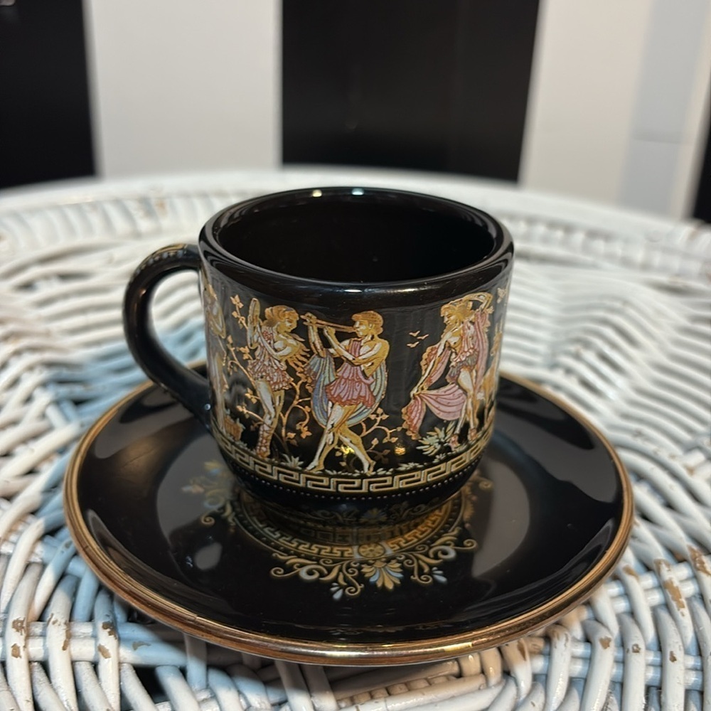 1960s Black and Gold Greek Gods Motif Mini Tea Cup /Saucer Set 24K Gold & Spoon - Picture 9 of 17